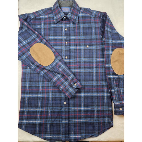 Pendleton Pure Virgin Wool Plaid Elbow Patch ButtonUp Shirt Men Large With Flaws - Picture 2 of 12